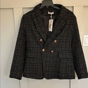 Black Tweed Double-Breasted Jacket with Copper Buttons